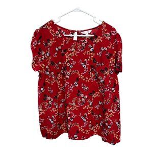 Lauren Conrad Women’s Size XXL Red Floral Short-Sleeve Blouse – Keyhole Back – 1